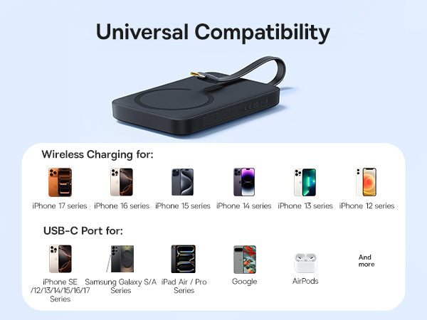 Baseus بنك طاقة لاسلكي مغناطيسي EnerFill FM11 بقوة 15 واط مع كابل USB-C مدمج، سعة 10000 مللي أمبير، قدرة 30 واط - E0028904 - أسود كوني