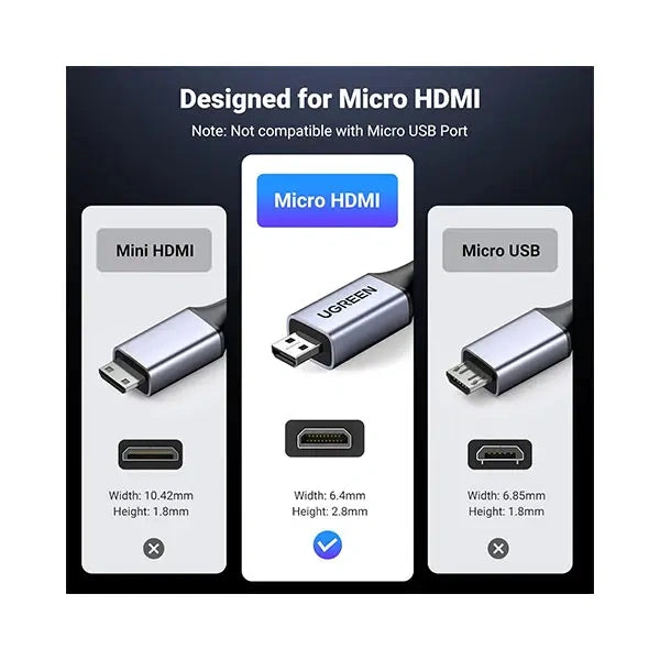 UGREEN كابل Micro HDMI إلى HDMI 8K بطول مترين، أسود - HD164