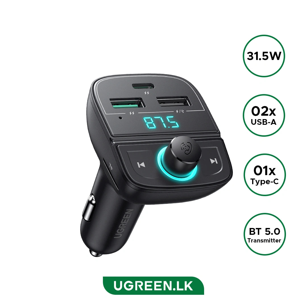 UGREEN Bluetooth Car Charger 3-Port (5.0+PD+QC3.0+USB Flash Drive+TF) (Black) - CD229