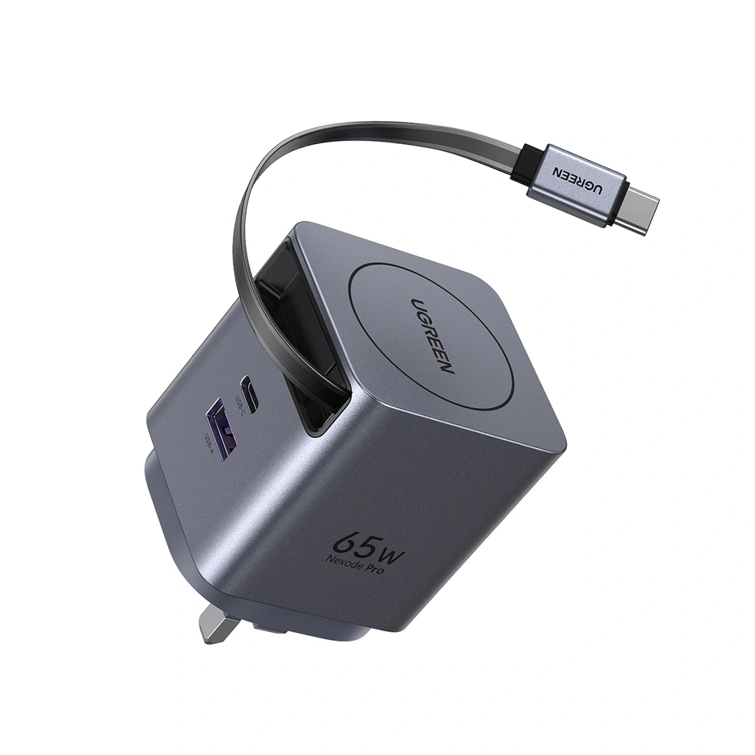 UGREEN 65W GaN Fast Charger with Retractable Cable (2-port) (Space Gray) - X615