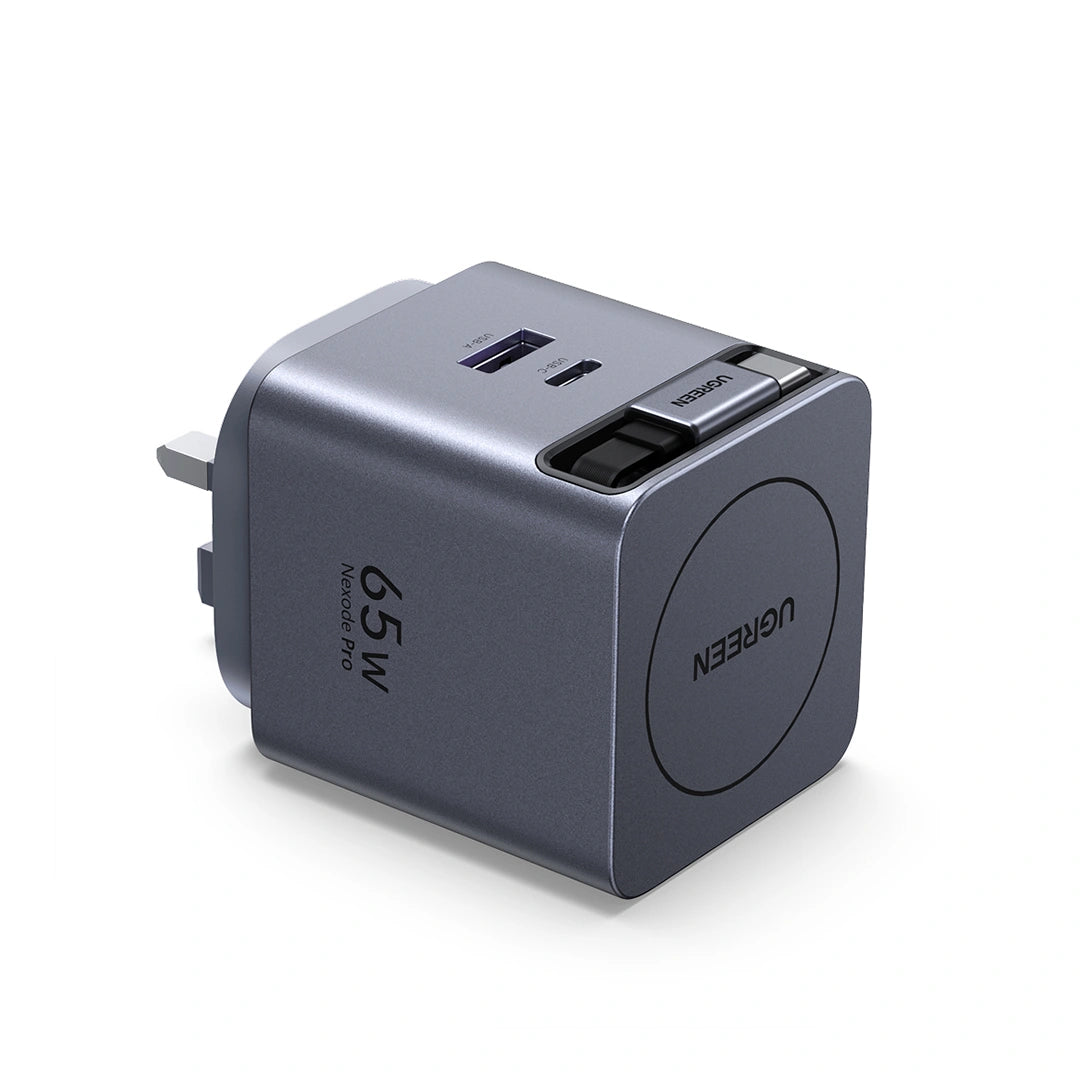 UGREEN 65W GaN Fast Charger with Retractable Cable (2-port) (Space Gray) - X615