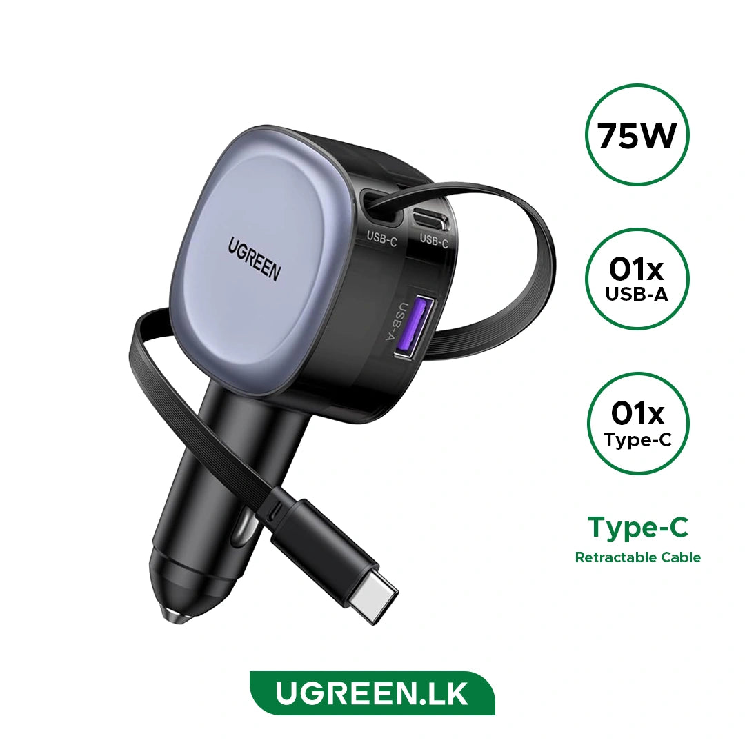 UGREEN 75W Fast Car Charger with Retractable Cable Type C (Space Grey) - EC601