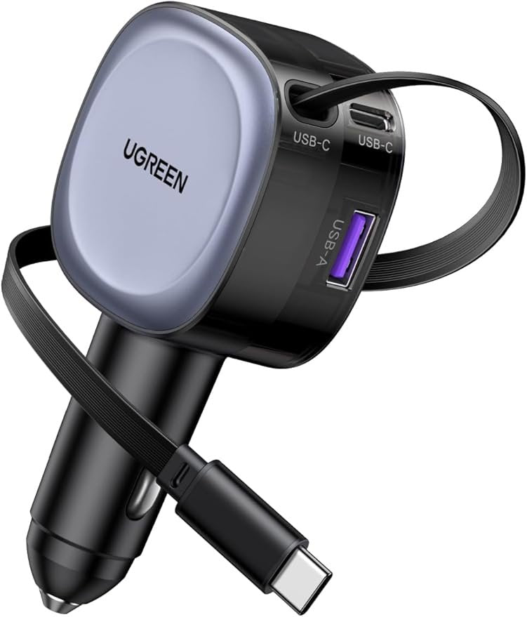 UGREEN شاحن سيارة سريع بقدرة 75 واط مع كابل قابل للسحب من النوع C (رمادي فضائي) - EC601