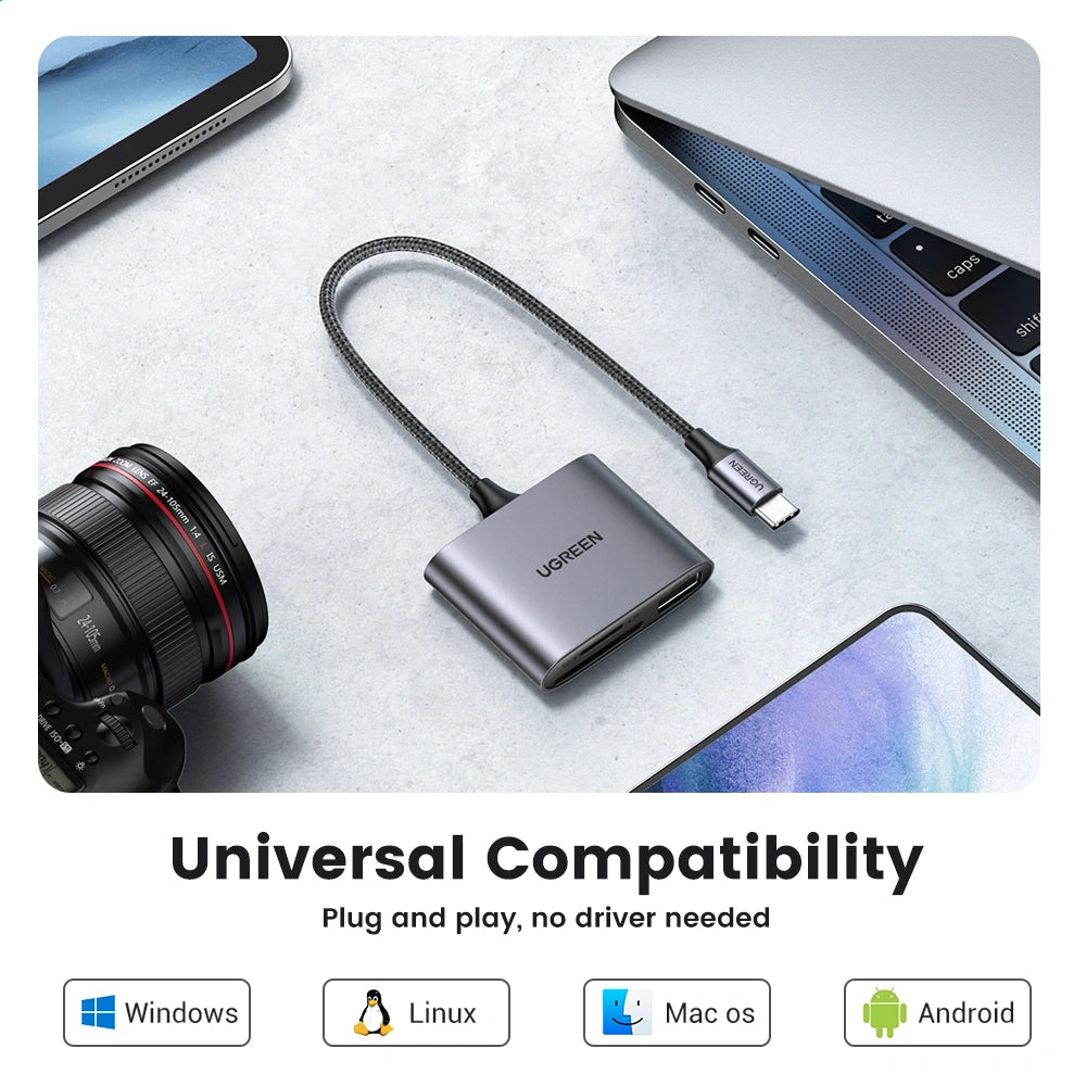 UGREEN قارئ بطاقات الذاكرة USB-C إلى SD/TF + USB 2.0 - Cm387