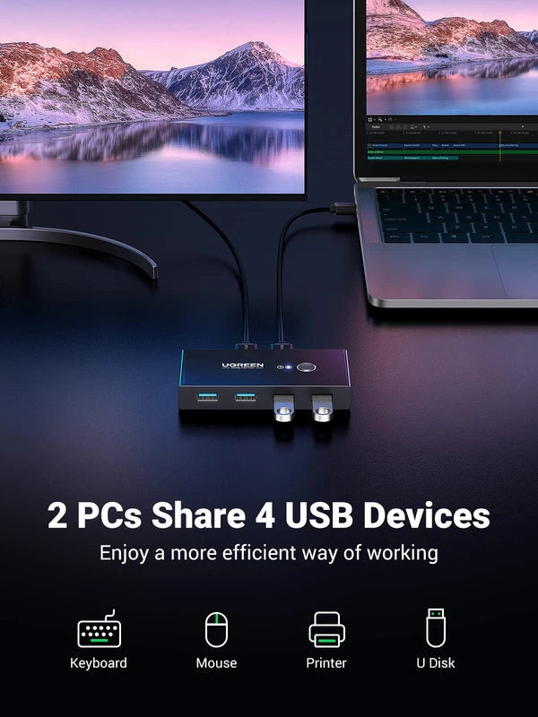 UGREEN صندوق تحويل مشاركة USB 3.0 ثنائي المدخل وأربعة مخارج - US216