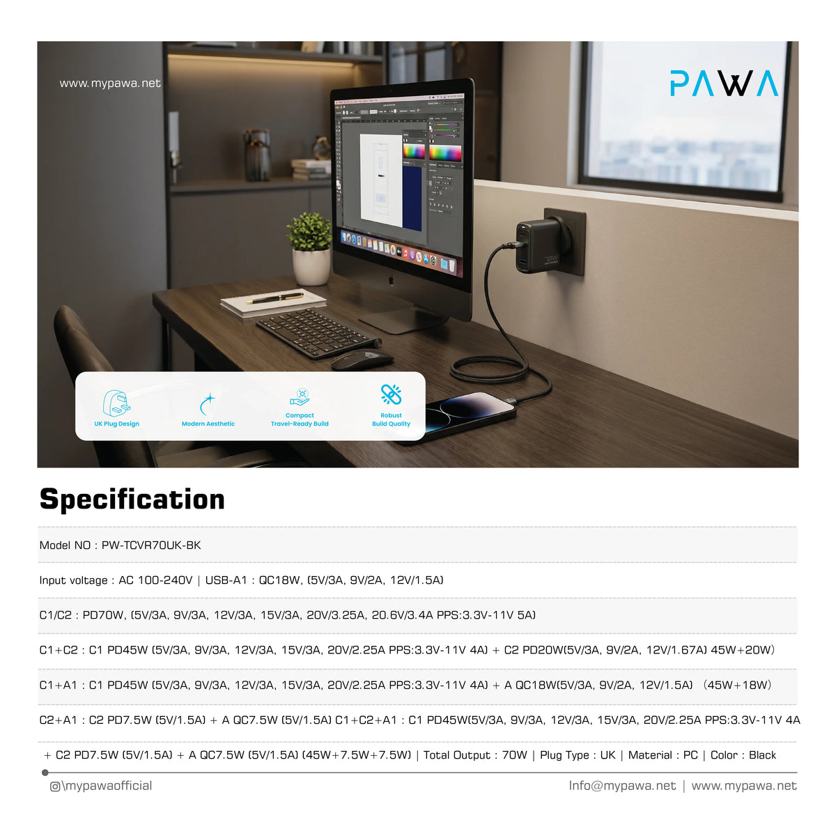 شاحن PAWA فيكتور GaN بقوة 70 واط بثلاثة منافذ