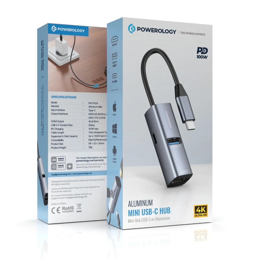 Powerology موزع USB-C صغير من الألومنيوم - PWJT424BK - أسود