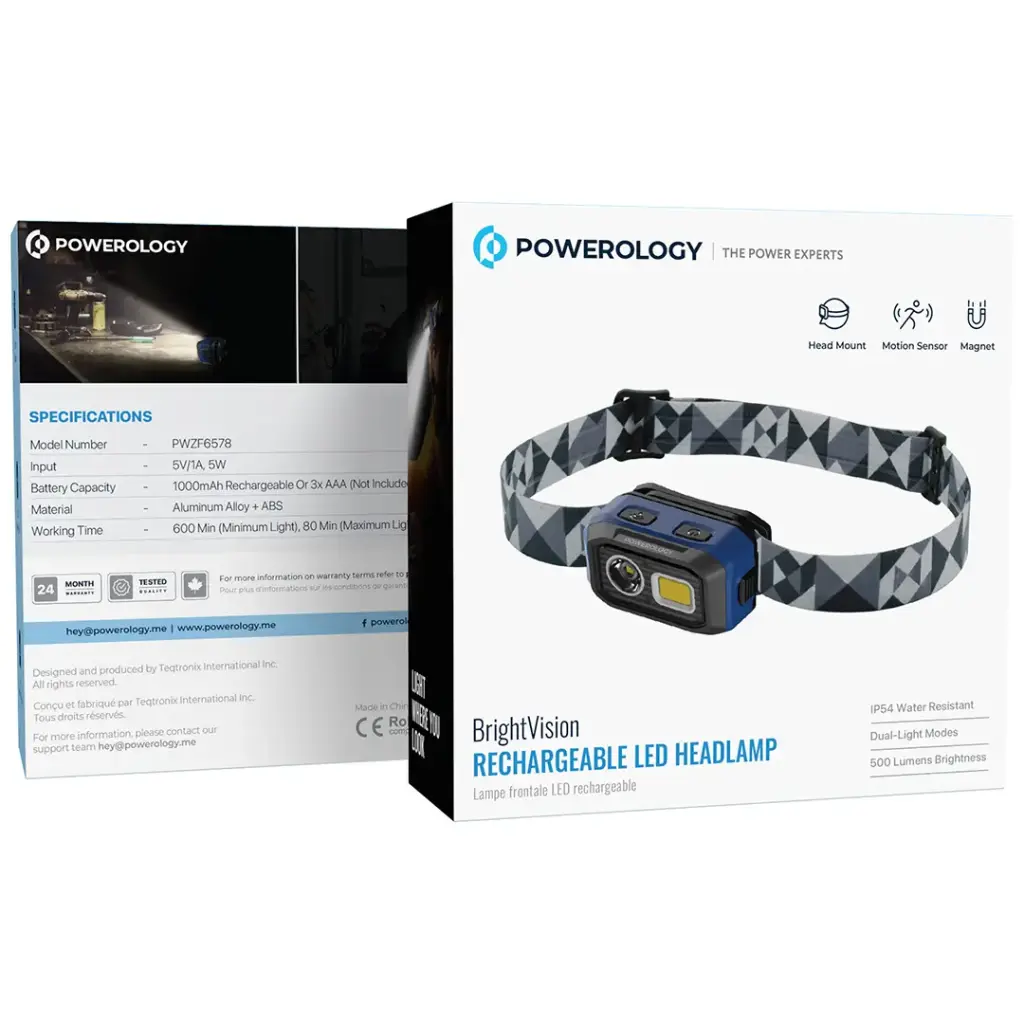 Powerology كشاف رأس LED قابل لإعادة الشحن - أسود