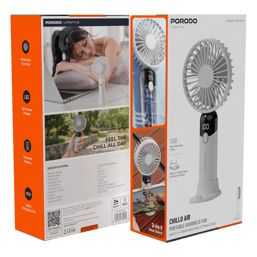 Porodo Lifestyle Chillo Air Portable Handheld Fan With 2-in-1 Base & Phone Stand - White