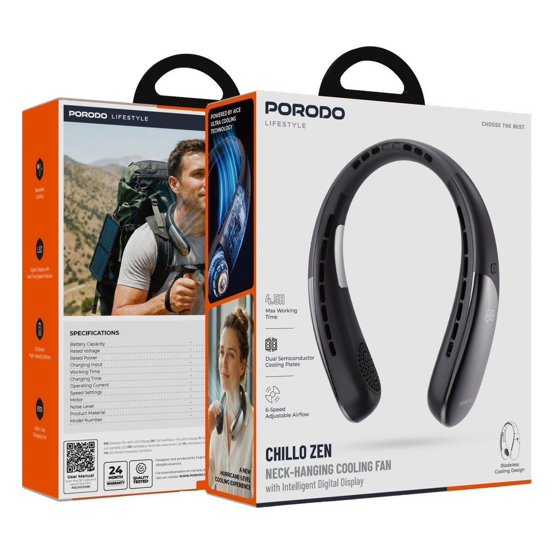 Porodo Lifestyle Chillo Zen Neck-Hanging Cooling Fan - Black