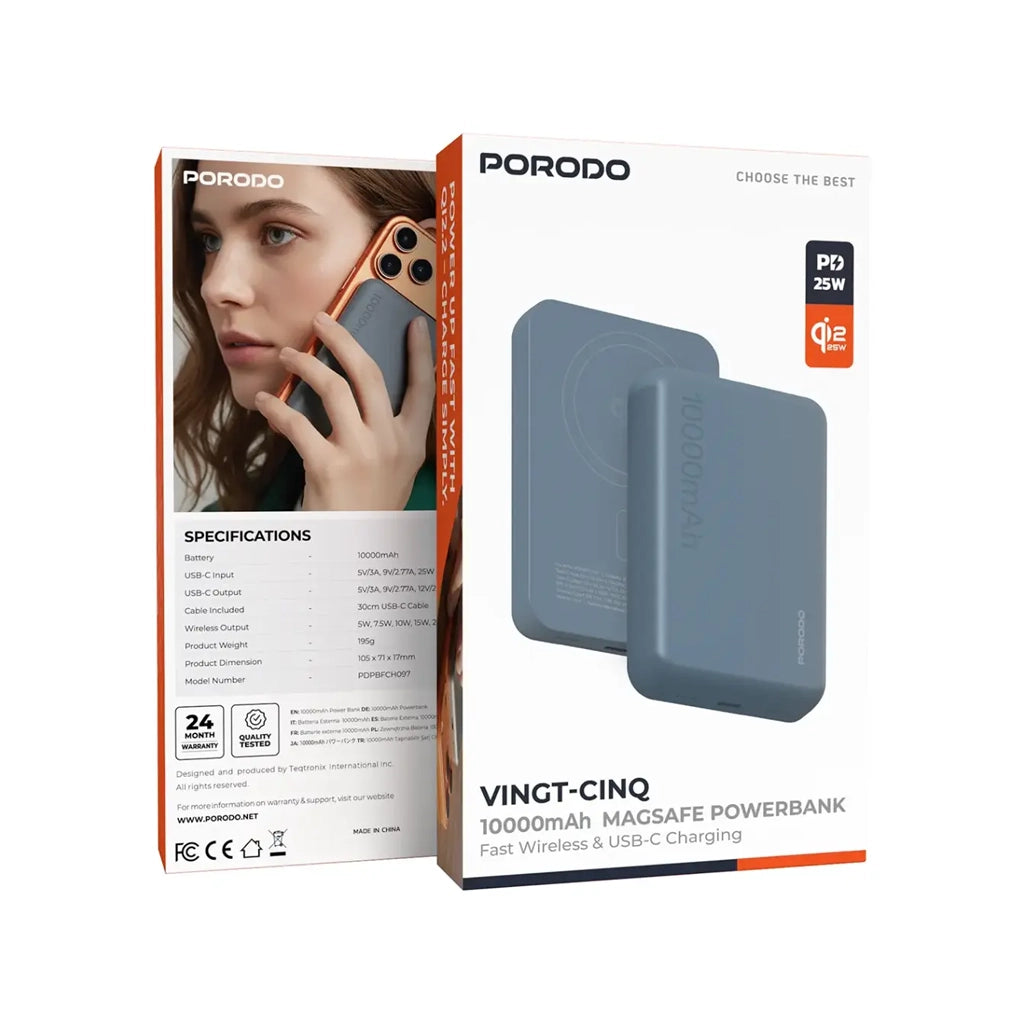 Porodo باور بانك مغناطيسي VINGT-CINQ يدعم الشحن السريع - رمادي - PDPBFCH097GY