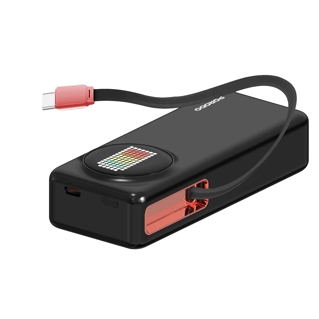 Porodo 10000Mah Animated Display Power Bank 68Cm Retractable Type-C - PD-PBFCH072-BK