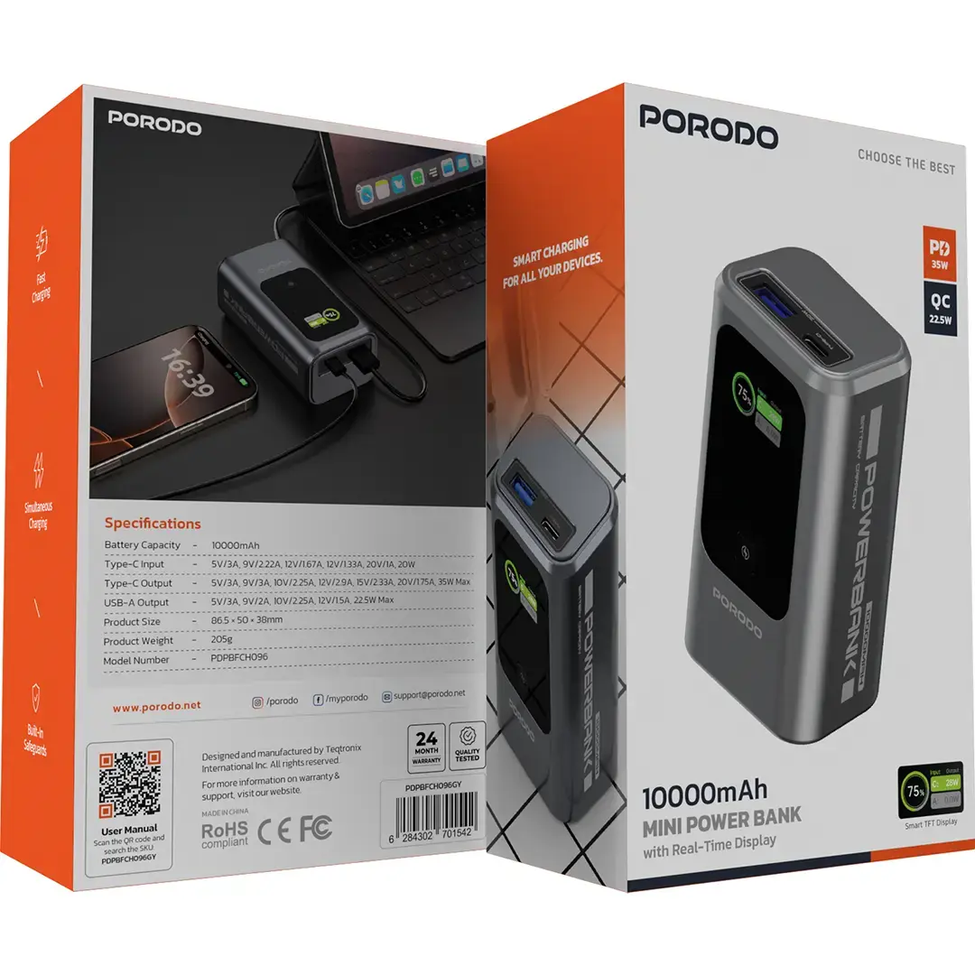 Porodo 10000mAh Mini Power Bank with Real-Time Display - PDPBFCH096GY
