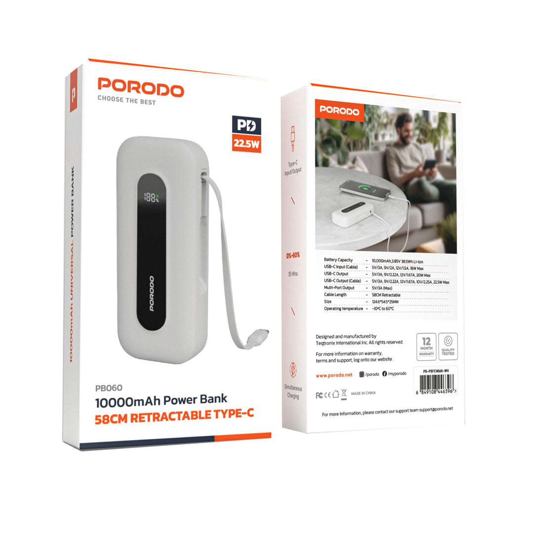 Porodo 10000mAh Power bank 58CM Retractable Type-C - PD-PBFCH060-WH