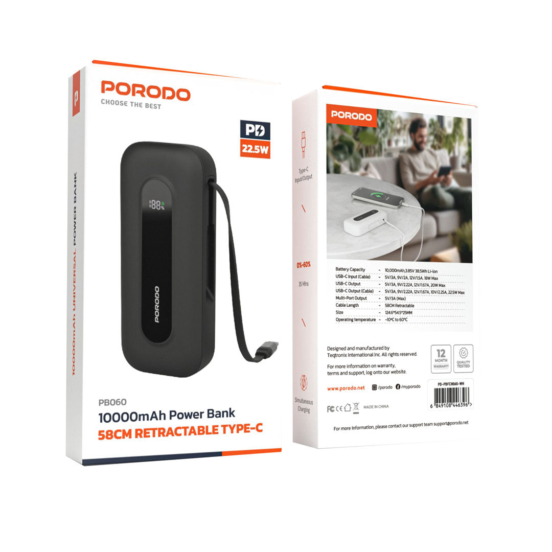 Porodo 10000mAh Power bank 58CM Retractable Type-C - PD-PBFCH060-WH