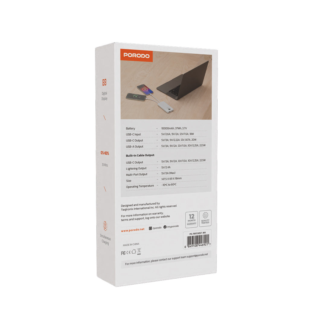 Porodo 10000mAh Power bank Digital Display with C & Lightning Cable - PDPBFCH057BK