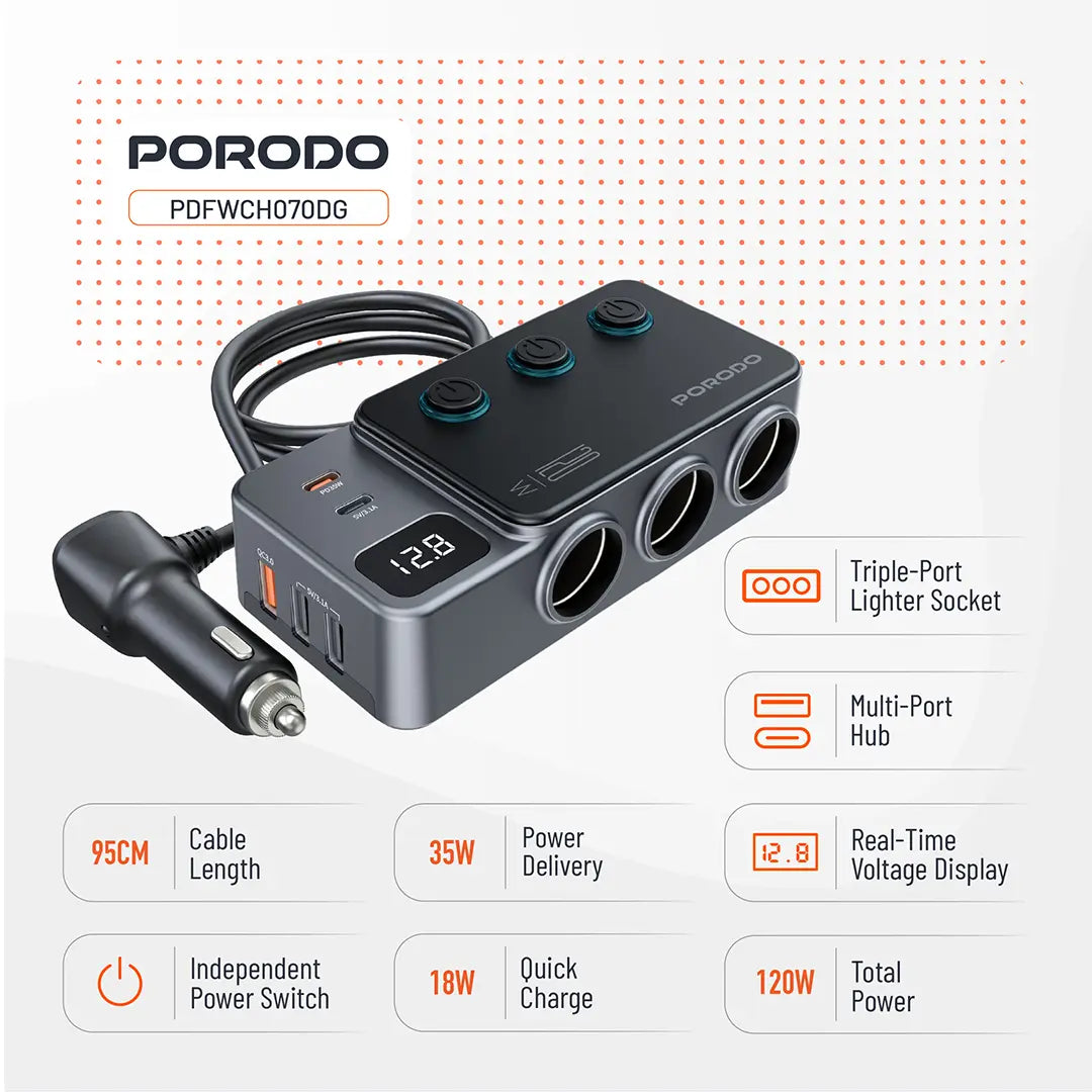 Porodo 120W Car Charger Hub Triple-Port Lighter Socket - PDFWCH070DG