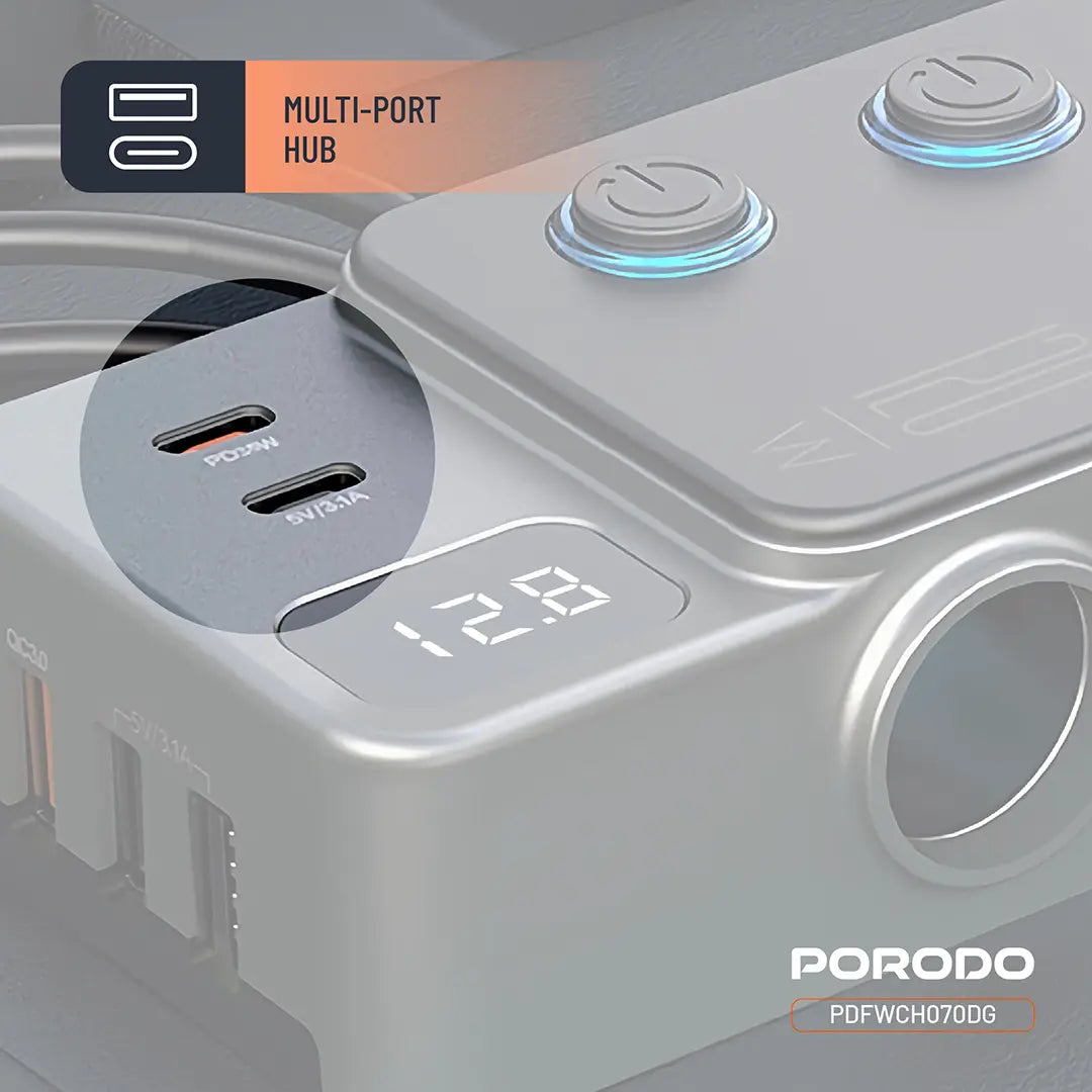 Porodo 120W Car Charger Hub Triple-Port Lighter Socket - PDFWCH070DG