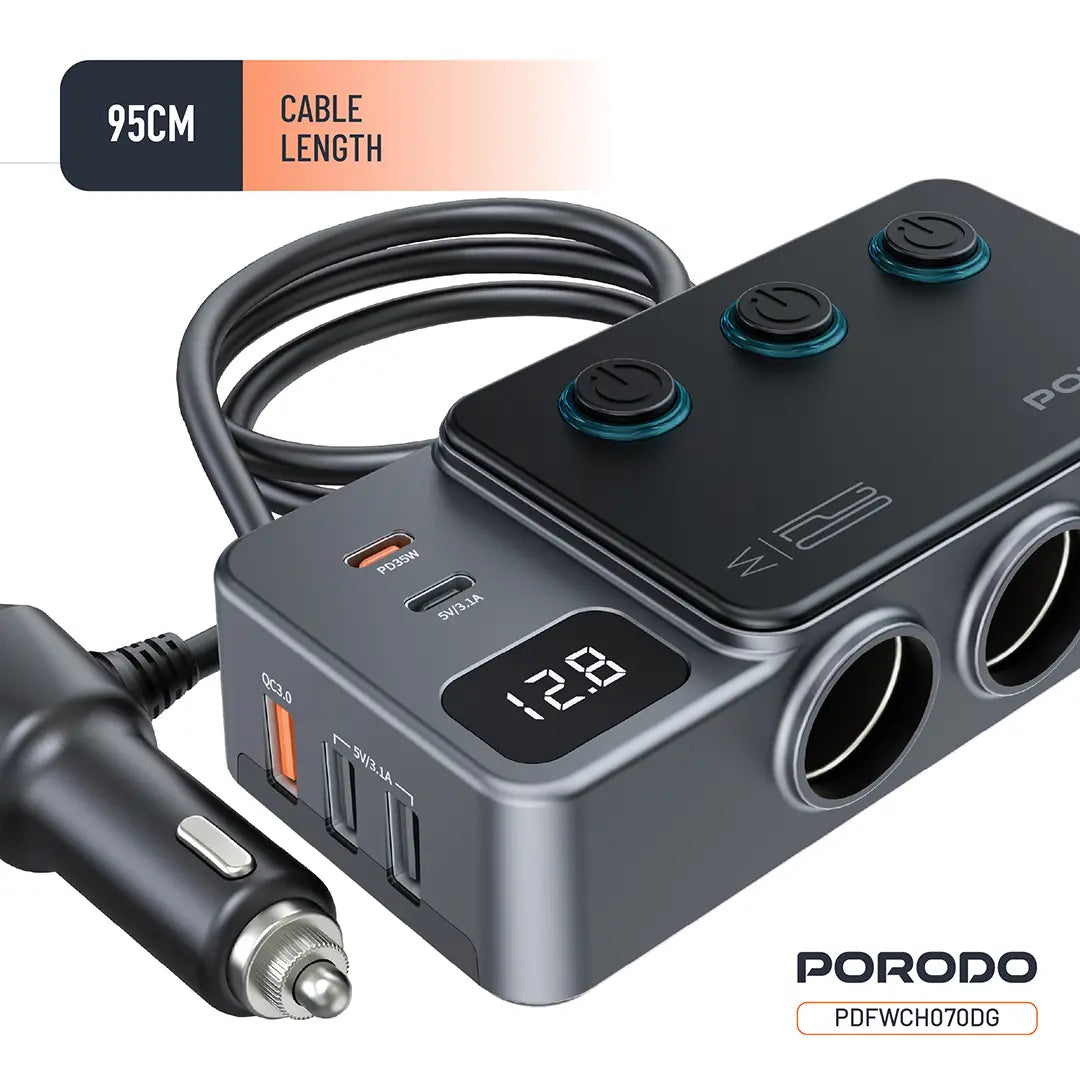 Porodo 120W Car Charger Hub Triple-Port Lighter Socket - PDFWCH070DG