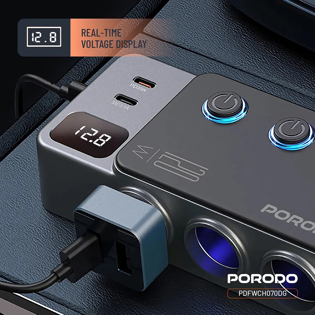 Porodo 120W Car Charger Hub Triple-Port Lighter Socket - PDFWCH070DG
