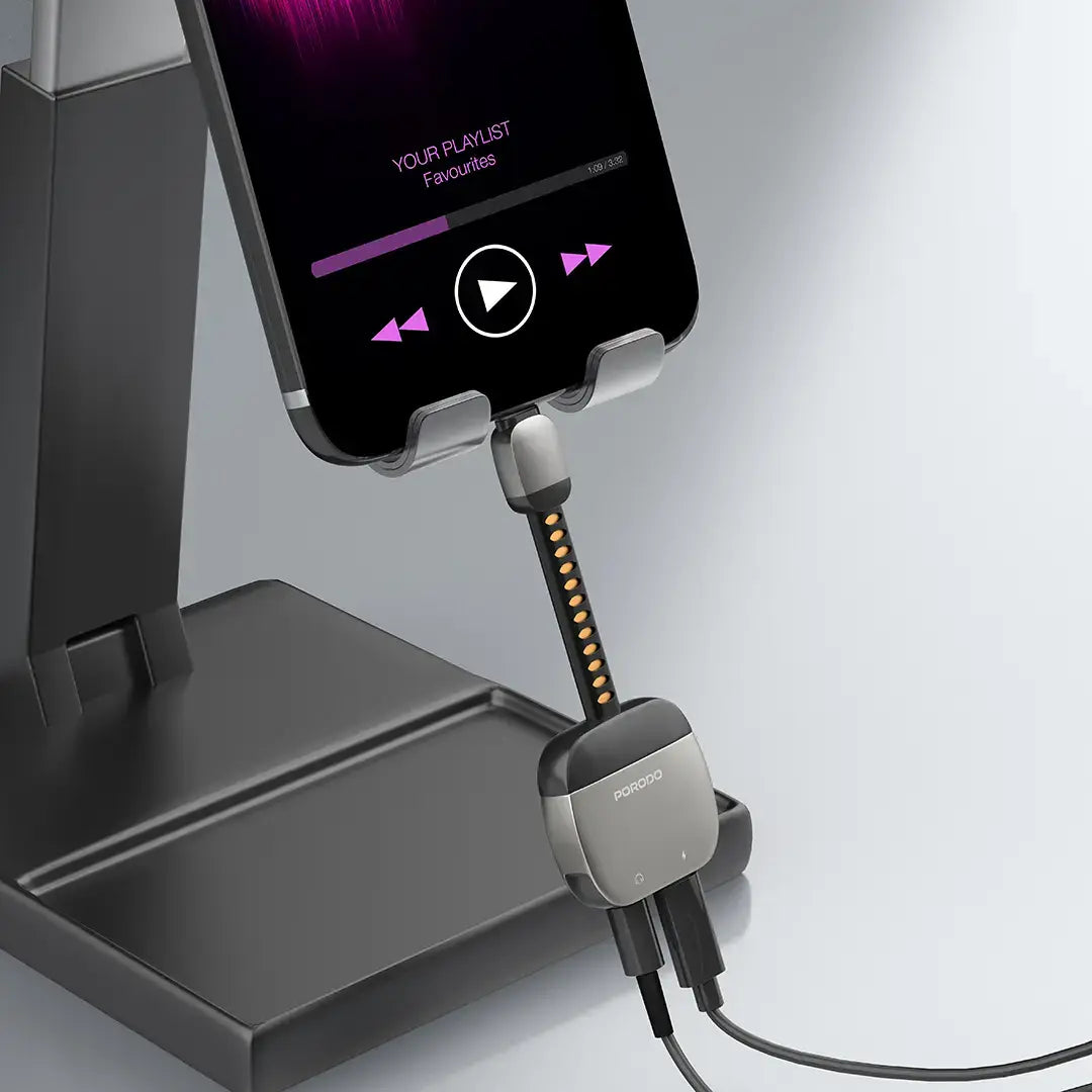 Porodo 2-In-1 Adapter Lightning To 3.5mm Aux Audio + Charging - PDC8723GY