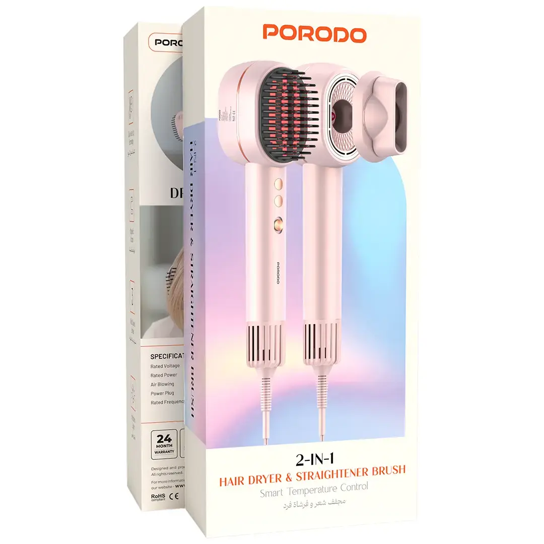 Porodo 2-In-1 Hair Dryer & Straightener Brush with Smart Temperature - PDLFSTAE581PK
