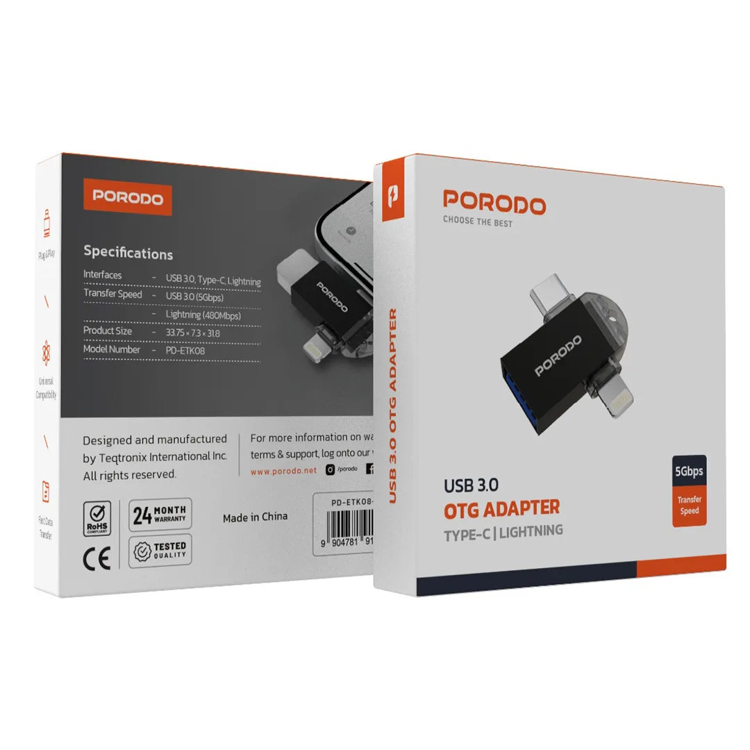 Porodo 3-in-1 OTG Adapter - PD-ETK08-BK