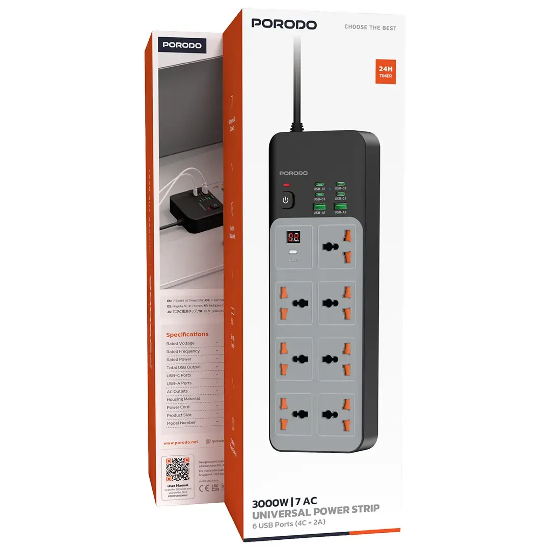 Porodo 3000W | 7AC Universal Power Strip with 6 USB Ports (4C + 2A) - PDFWCH099GY