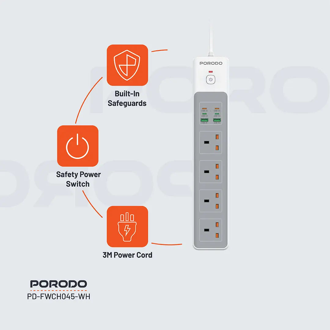 Porodo 4AC 65W 3000W Power Strip - PD-FWCH045-BK