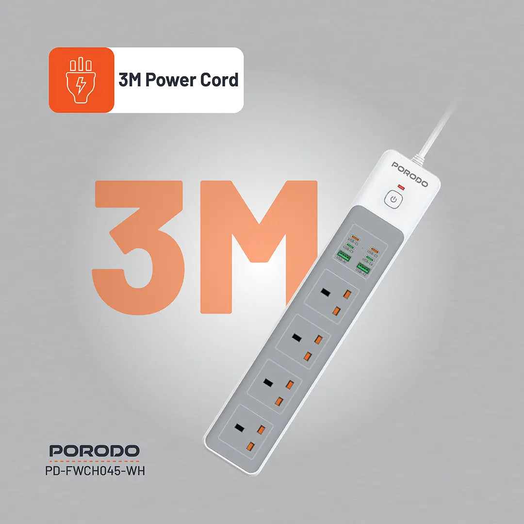 Porodo 4AC 65W 3000W Power Strip - PD-FWCH045-BK