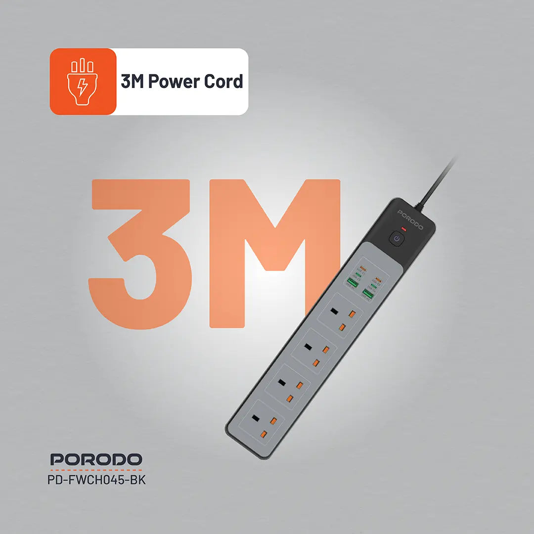 Porodo 4AC 65W 3000W Power Strip - PD-FWCH045-BK