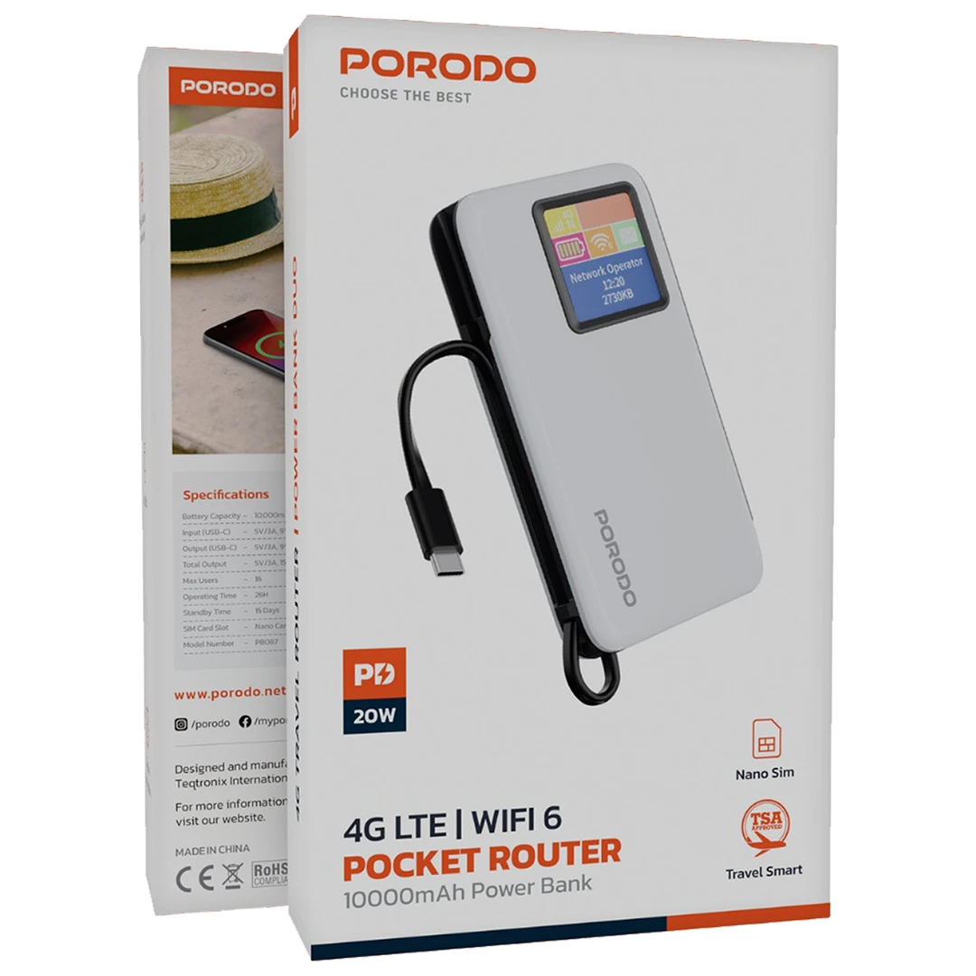 Porodo 4G LTE | WIFI 6 Pocket Router and 10000mAh Power Bank - PDPBFCH087WH