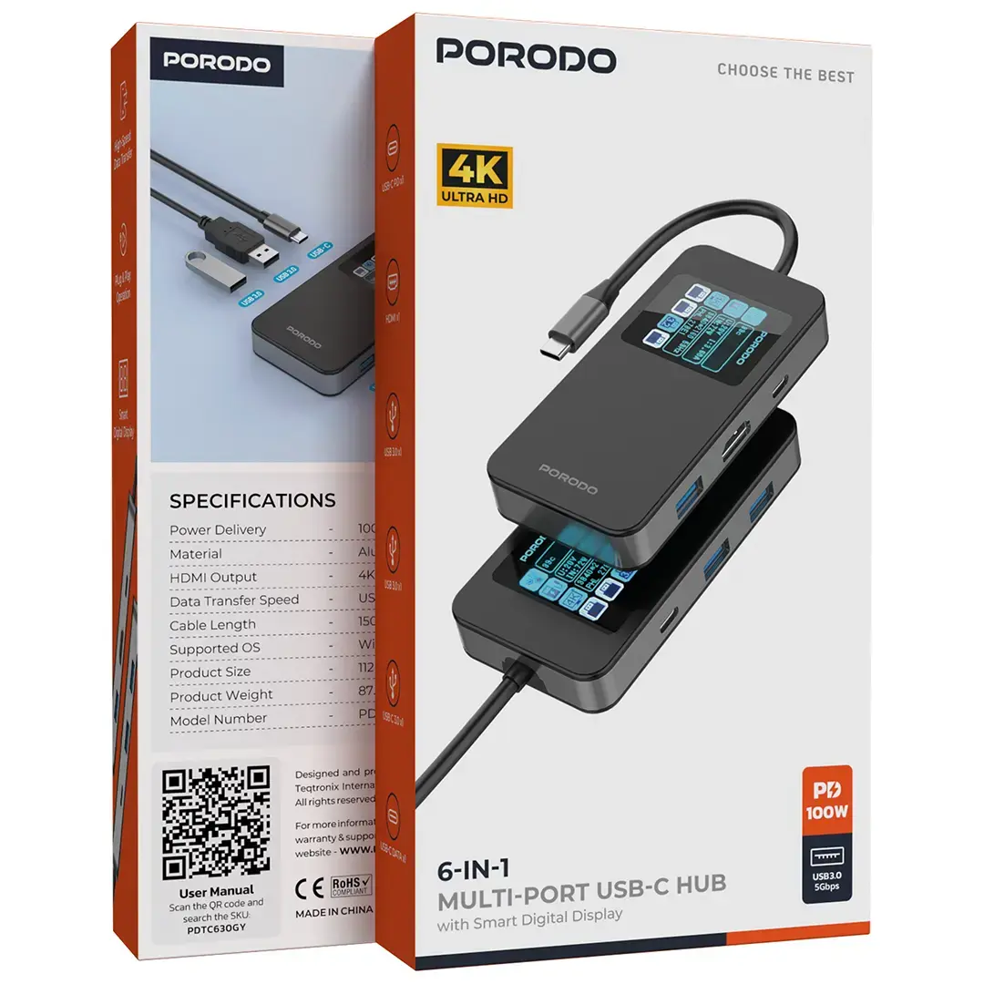 Porodo 6 IN 1 Multi-Port USB-C Hub - PDTC630GY