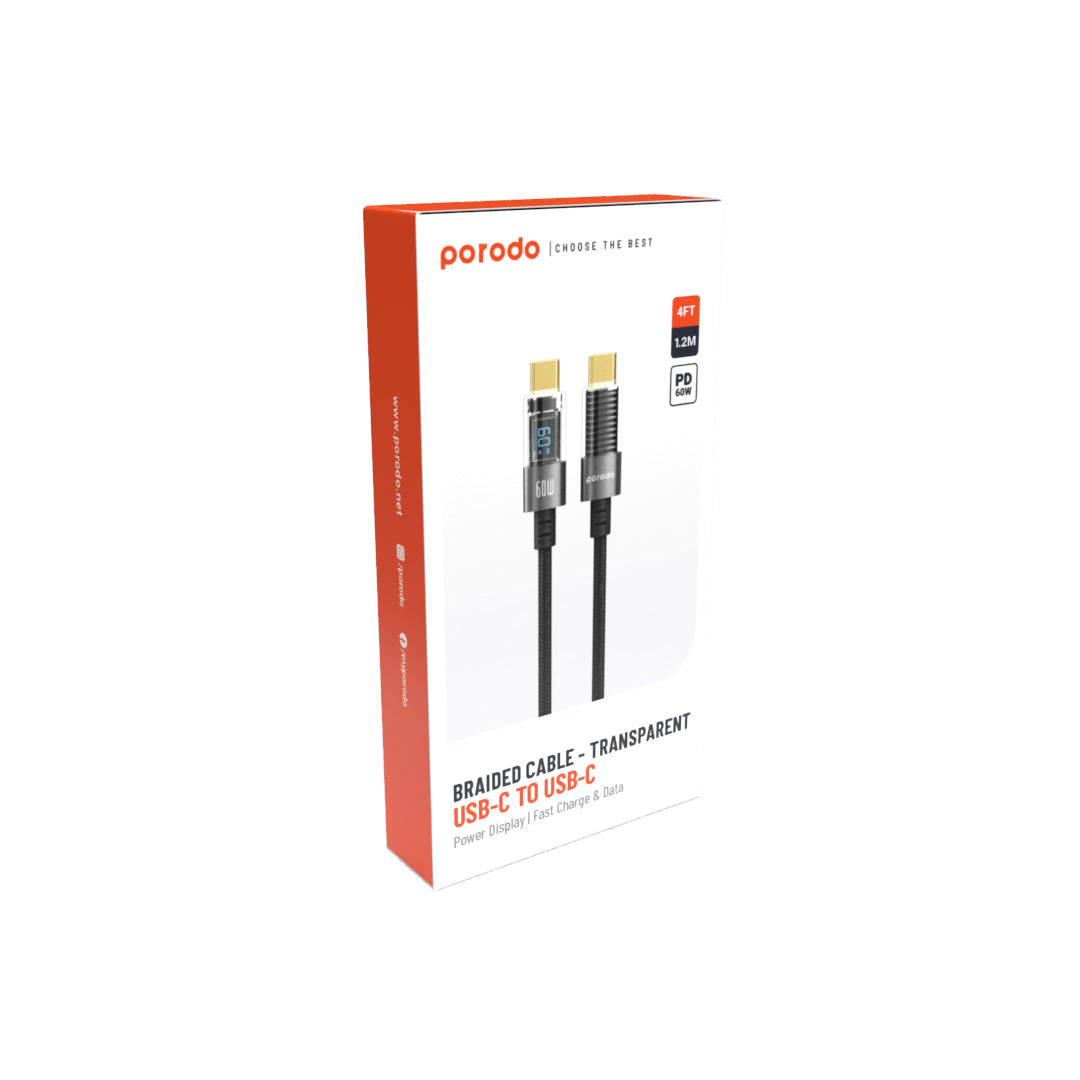 Porodo Braided Cable - Transparent USB-C To USB-C(4ft/1.2m) - PD60CCDBK