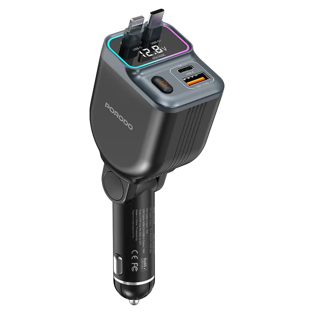 Porodo 65W Car Charger Dual Retractable Cable - PDFWCH068BK
