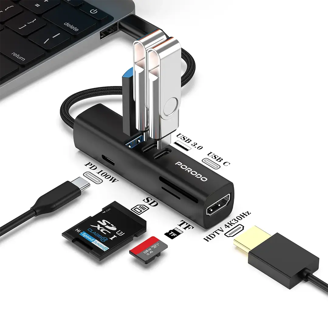 Porodo 7-In-1 Multi-Port USB Hub With 5 Gbps Transfer Speed - PD35037IN1BK