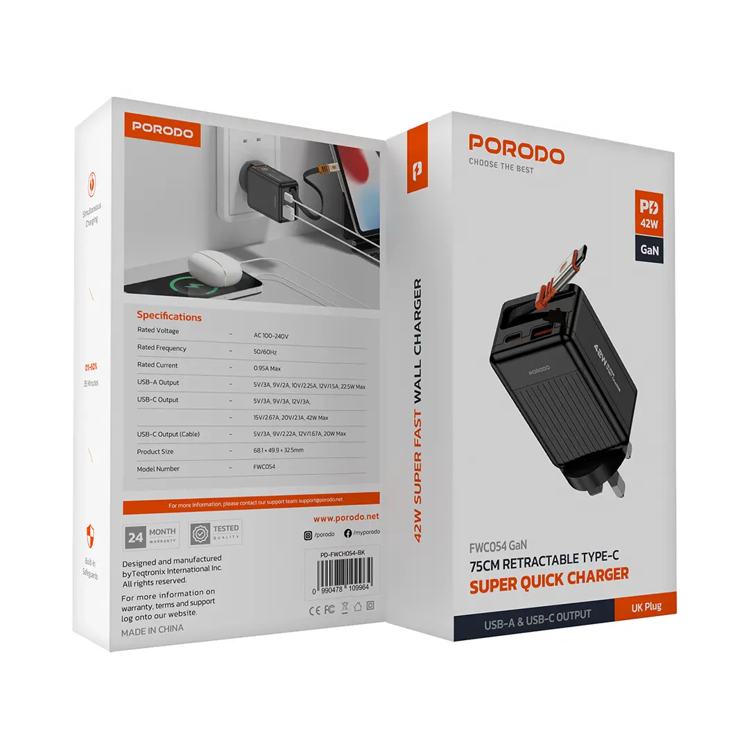 Porodo 75cm Retractable Type-C Super Quick GaN Charger - PD-FWCH054-BK