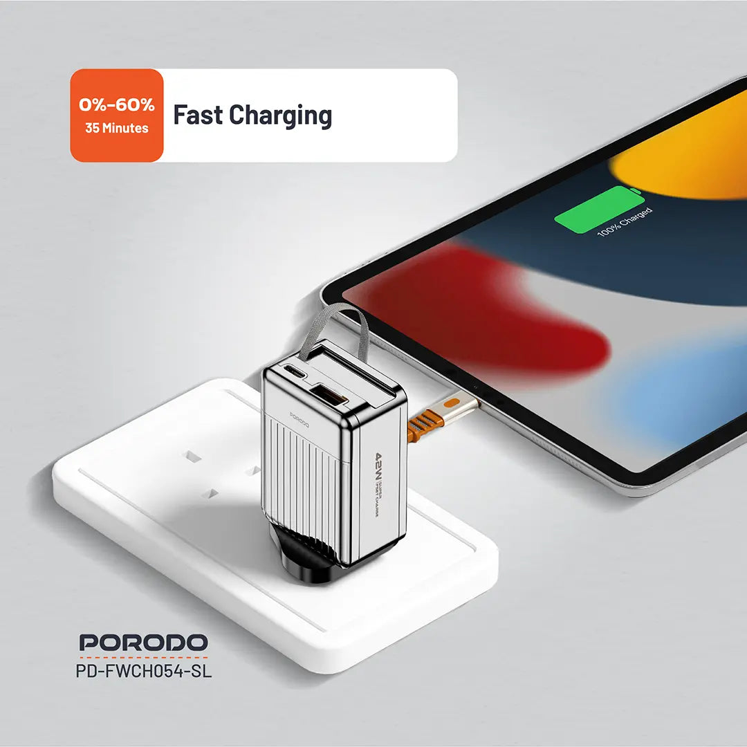 Porodo 75cm Retractable Type-C Super Quick GaN Charger - PD-FWCH054-BK