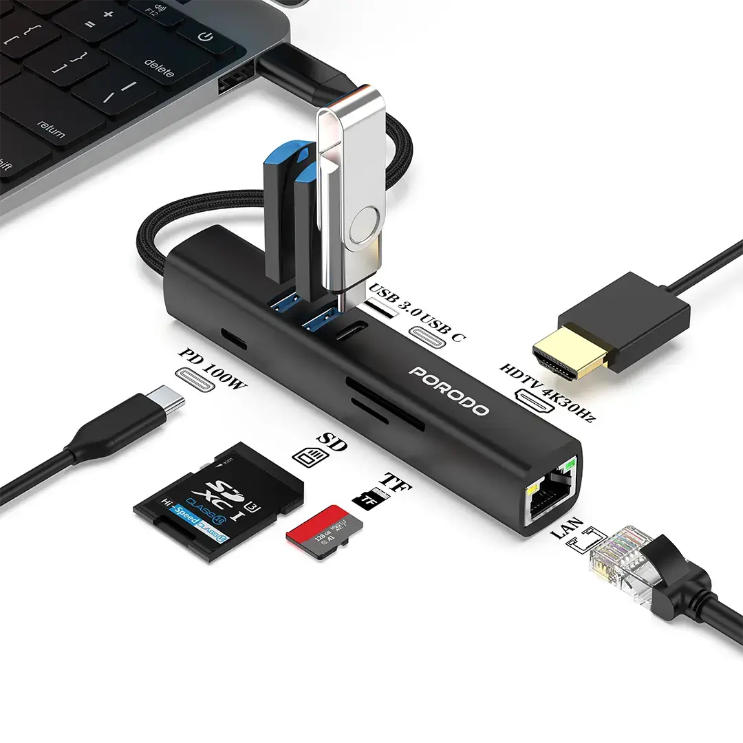 Porodo 8-In-1 Multi-Port USB Hub With 5 Gbps Transfer Speed - PD35038IN1BK