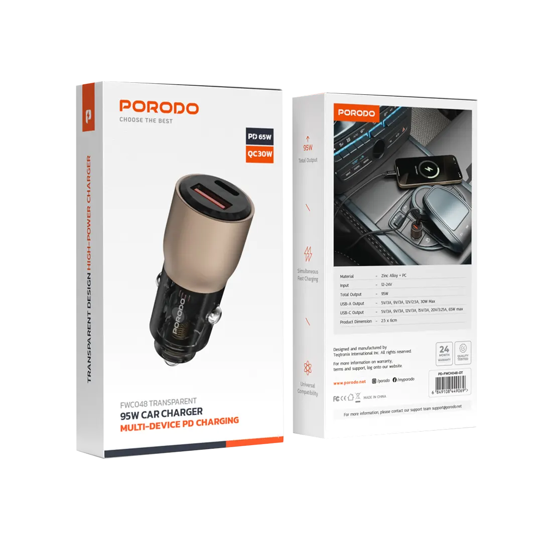 Porodo 95W Car Charger Transparent Multi-Device PD Charging - PDFWCH048GY