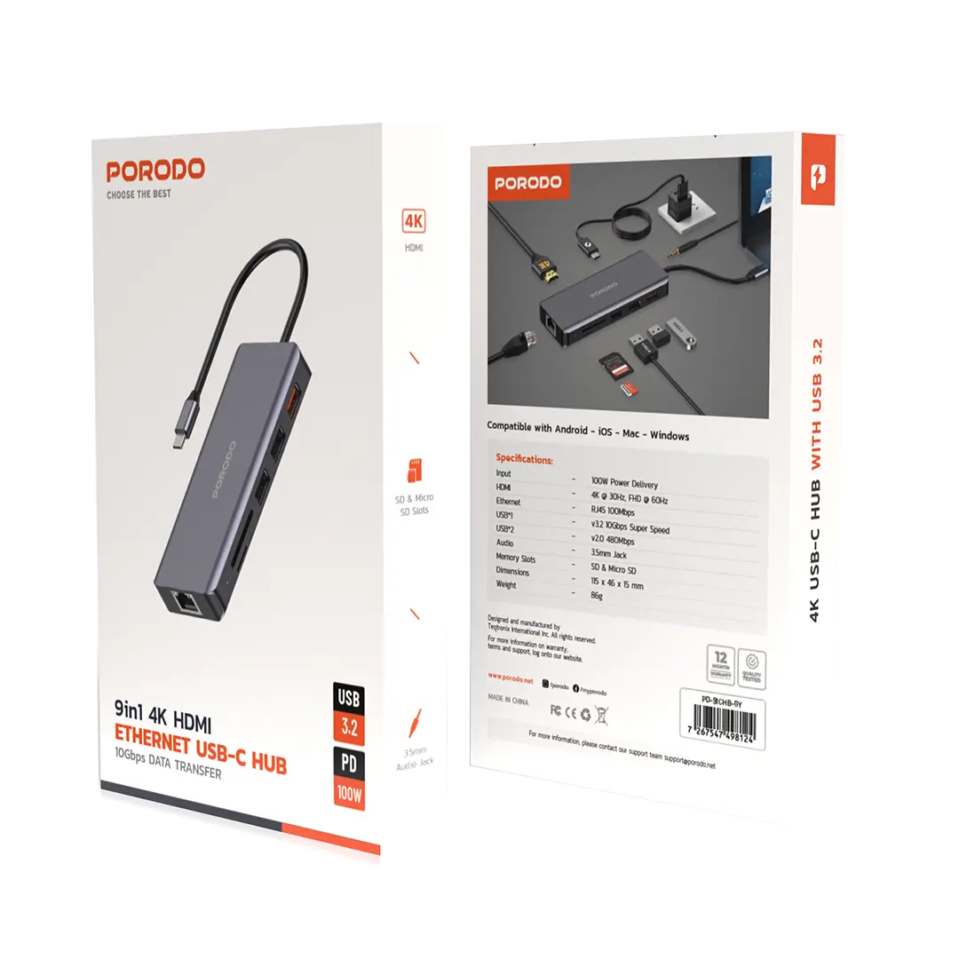 Porodo 9in1 HDMI Ethernet USB-C Hub - PD-91CHB-GY