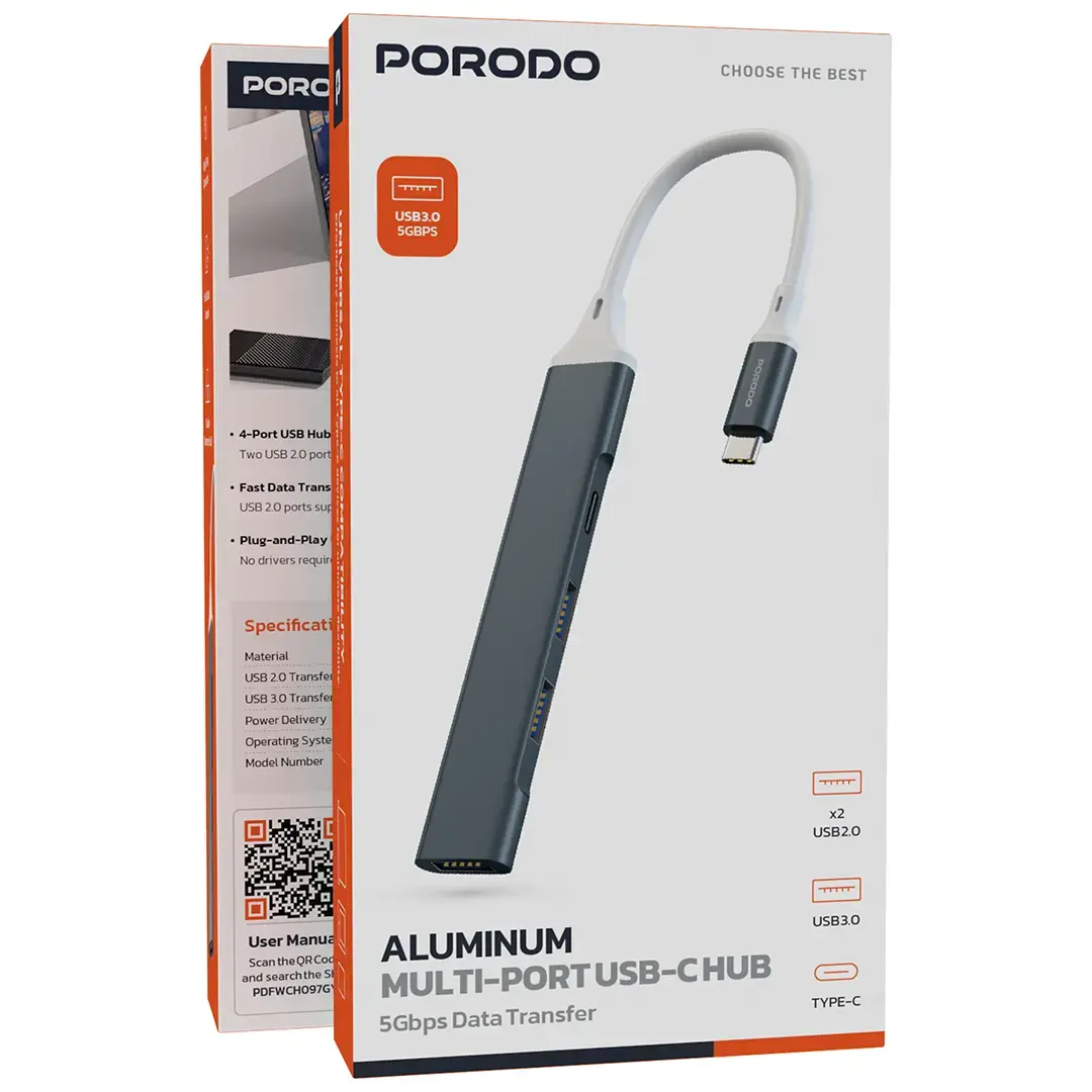 Porodo ALUMINUM Multi-Port USB-C Hub 5Gbps Data Transfer - PDFWCH097GY