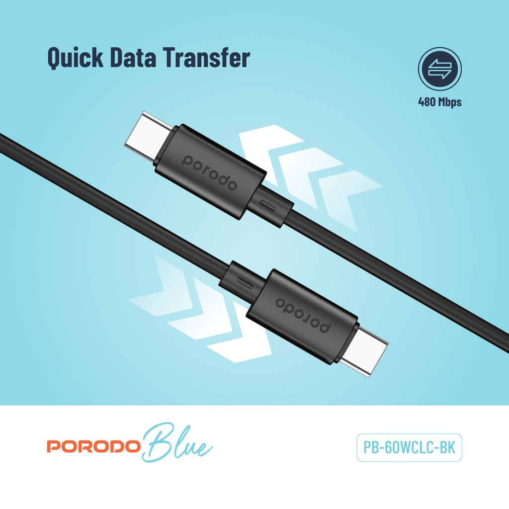 Porodo Blue كيبل 60 واط PD من USB-C إلى USB-C للشحن السريع ونقل البيانات 1.2 متر - أسود