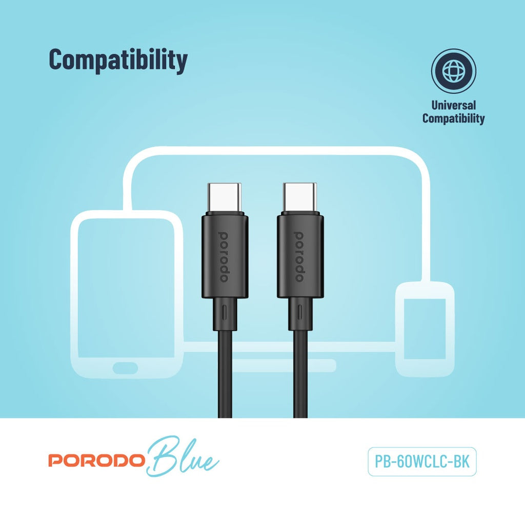 Porodo Blue كيبل 60 واط PD من USB-C إلى USB-C للشحن السريع ونقل البيانات 1.2 متر - أسود