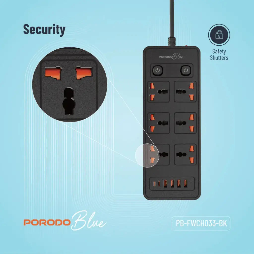 Porodo Blue مشترك كهرباء بـ 6 منافذ مع 2 USB-C و 4 USB-A وسلك 3 متر قابس بريطاني - أسود