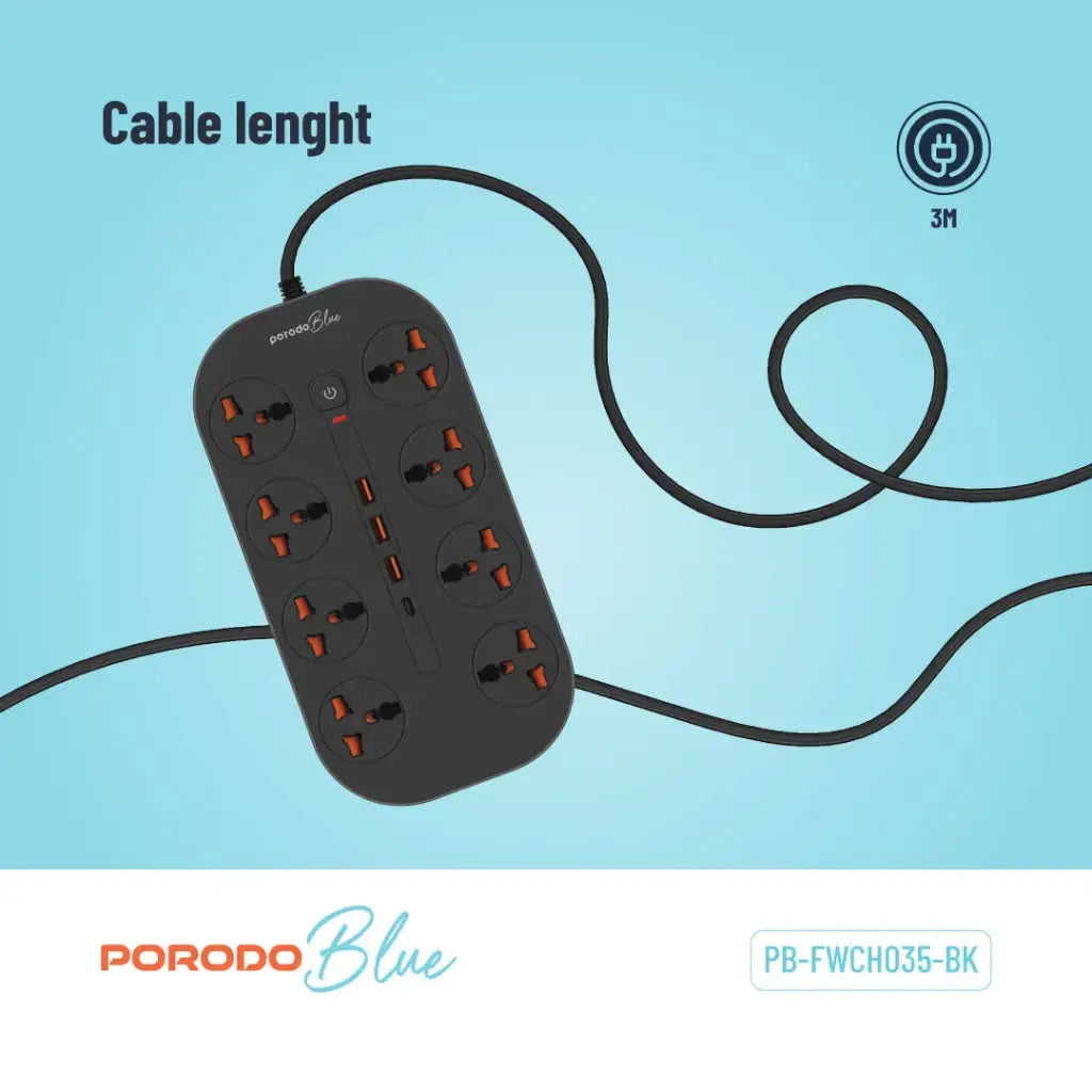 Porodo Blue 8 AC Power Strip with 1 USB-C and 3 USB-A, 3m UK Plug - Black