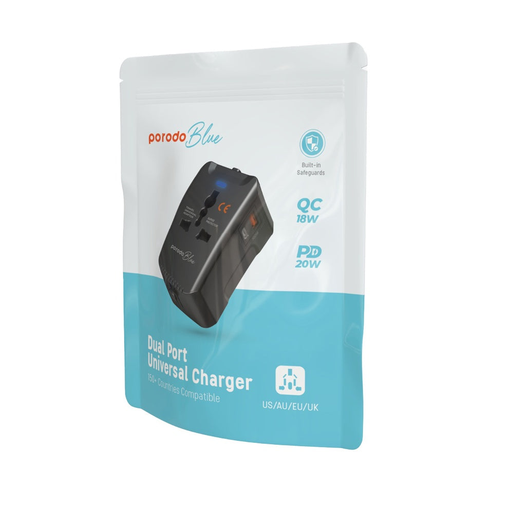 Porodo Blue محول سفر عالمي بمنفذين 20 واط PD و18 واط QC - أسود