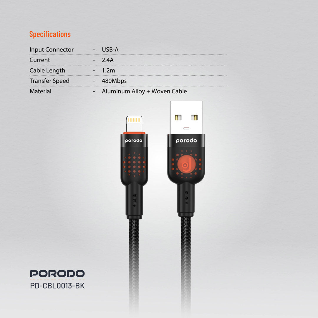 Porodo Braided Cable USB-A to Lightning - PDCBL0013BK