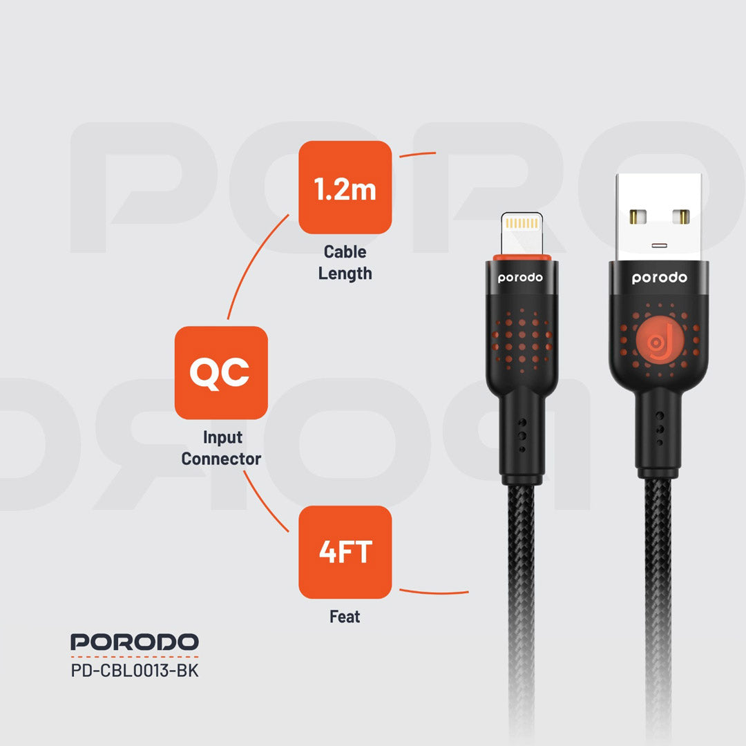 Porodo Braided Cable USB-A to Lightning - PDCBL0013BK