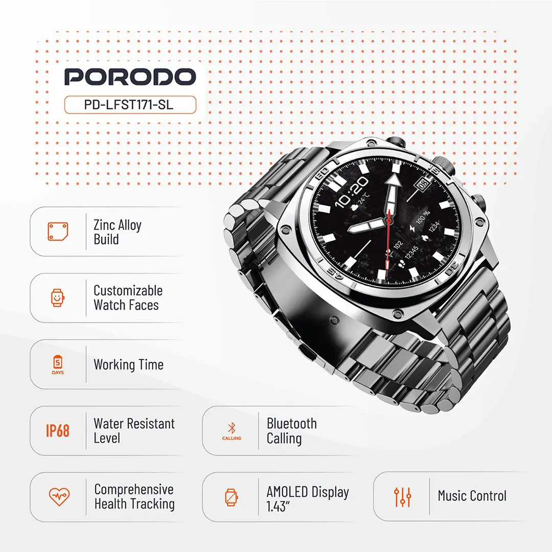 Porodo Chrono Steel Smart Watch - PDLFST171SL